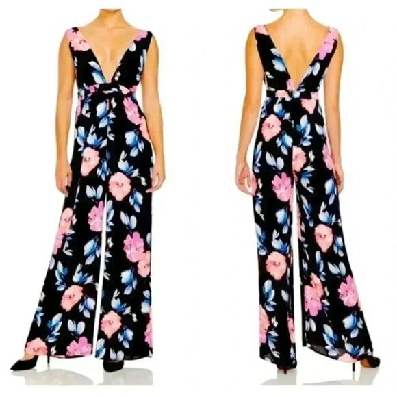 Aqua Pants - Aqua Women's Black Poly Bright Floral Deep V Front & Back Sleeveless Jumpsuit Ro
